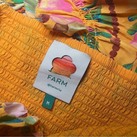Farm Rio- Yellow Orange Mini Cashew Short Sleeve Smocked Midi Dress Size Medium - Picture 14 of 15
